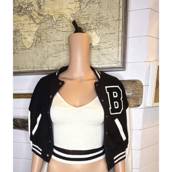 Love Tree Jackets & Blazers - Love Tree Women's Black White Varsity Jacket Letter Striped Ribbing Snap Closure
